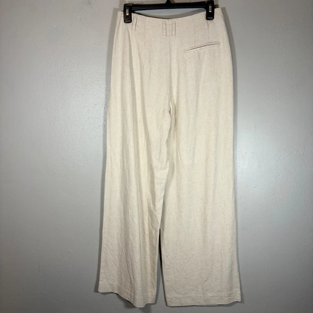 HM Womens Beige Linen Blend High Waisted Pleated Wide Leg Trousers Pants Size 4